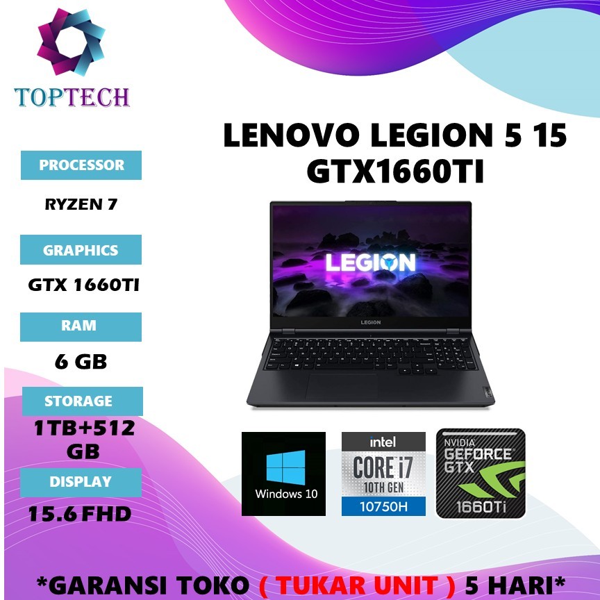 LAPTOP LENOVO LEGION 5 15 GTX1660TI RAM 6GB/ I7 10750 16GB 1TB+512GB WINDOWS 10 15.6FHD 144HZ