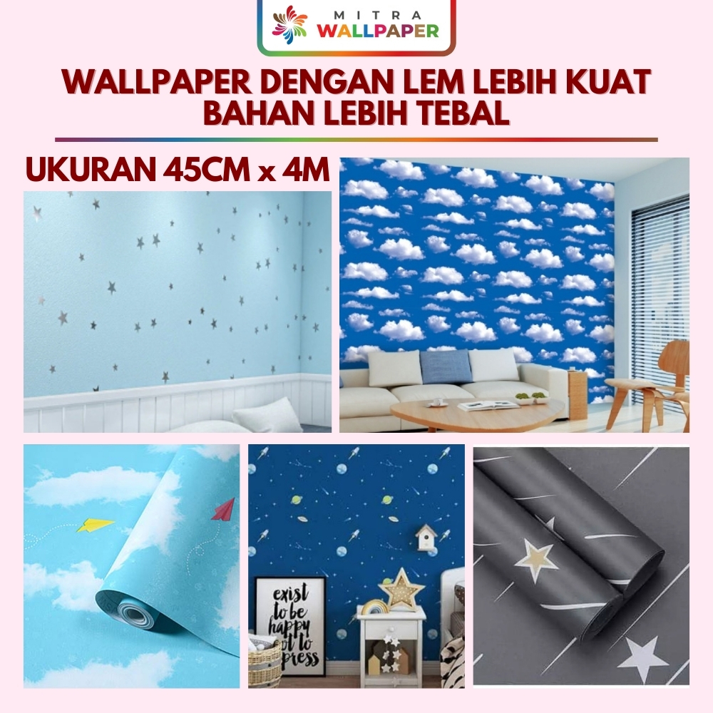 COD [Bayar Di Tempat] Wallpaper Motif Langit Biru Awan Putih Bintang Wallpaper Plafon Angkasa Ruang 