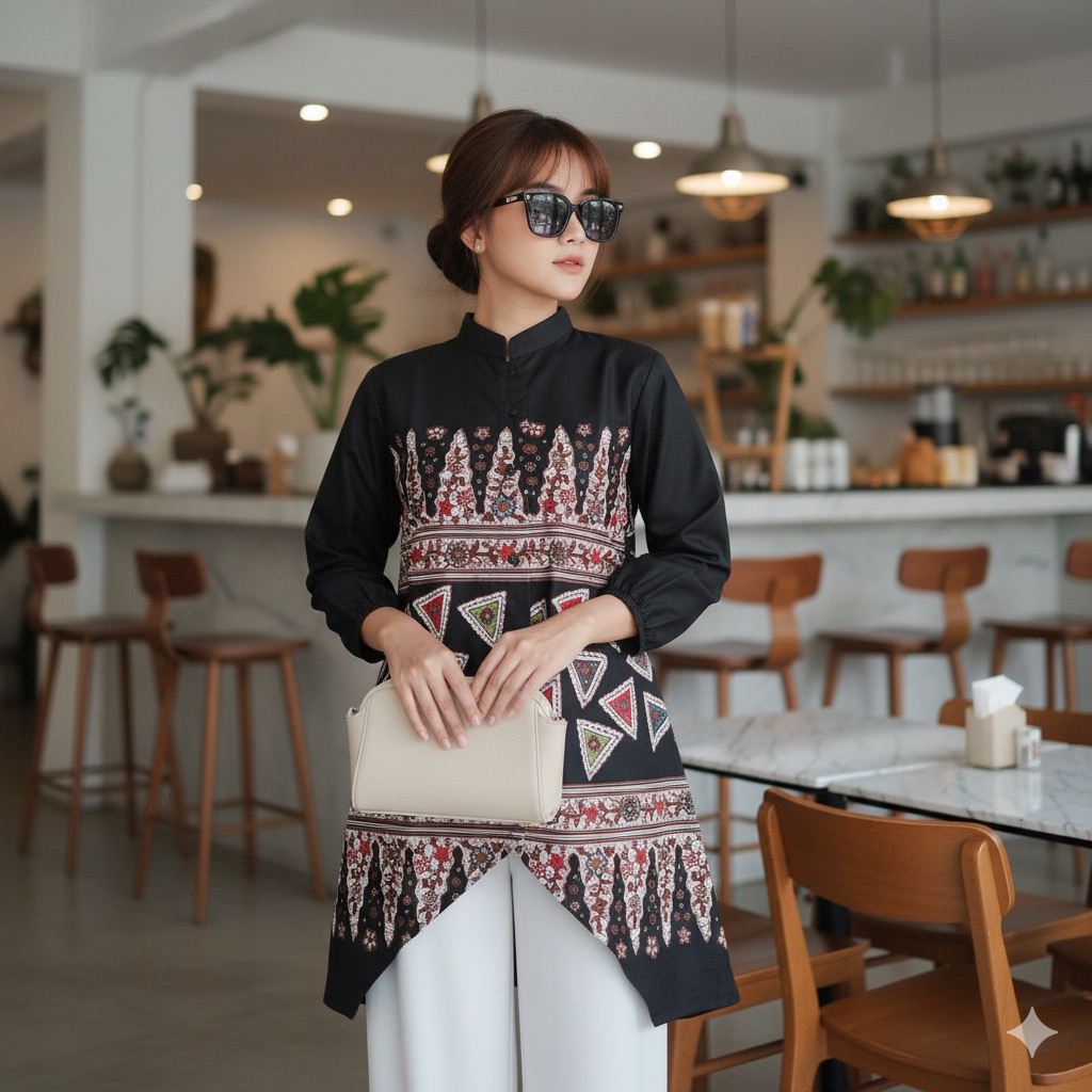 Shanaya Batik Tunik Alia Batik Printing lengan balon kancing full