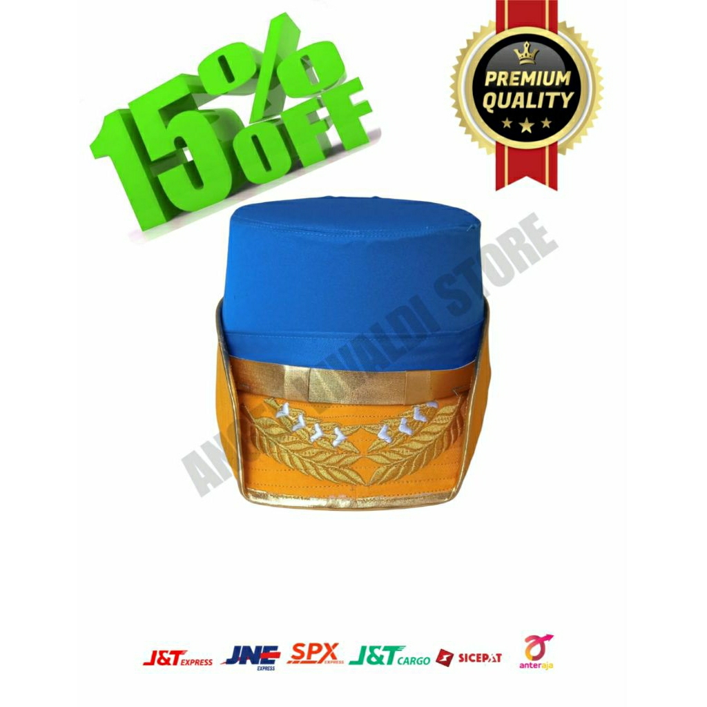 Topi Pet Paskibra Kowad Costum Biru Kuning Bordir Emas