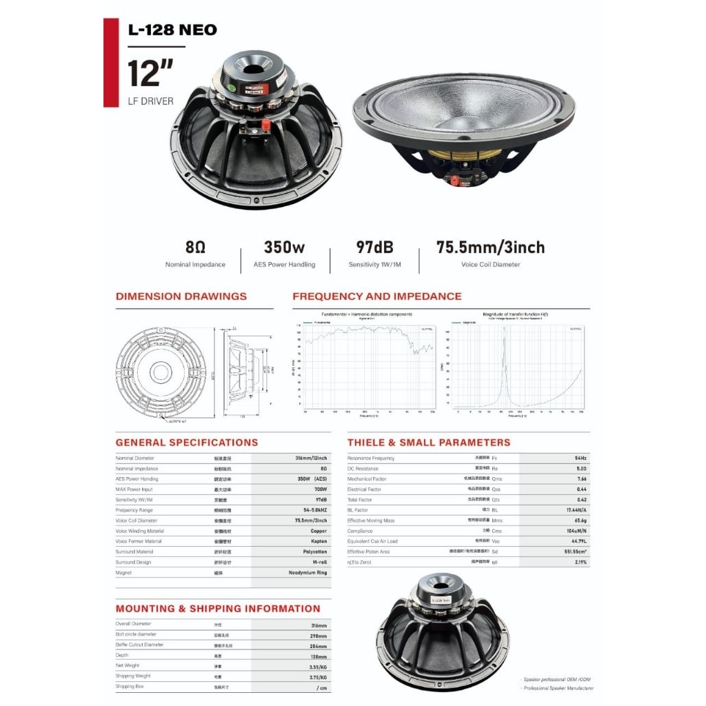 SPEAKER COMPONENT B&C LF DRIVER L-128 NEO-8 SPEAKER SUBWOOFER 12" VC 3inch L-128 NEODYMIUM
