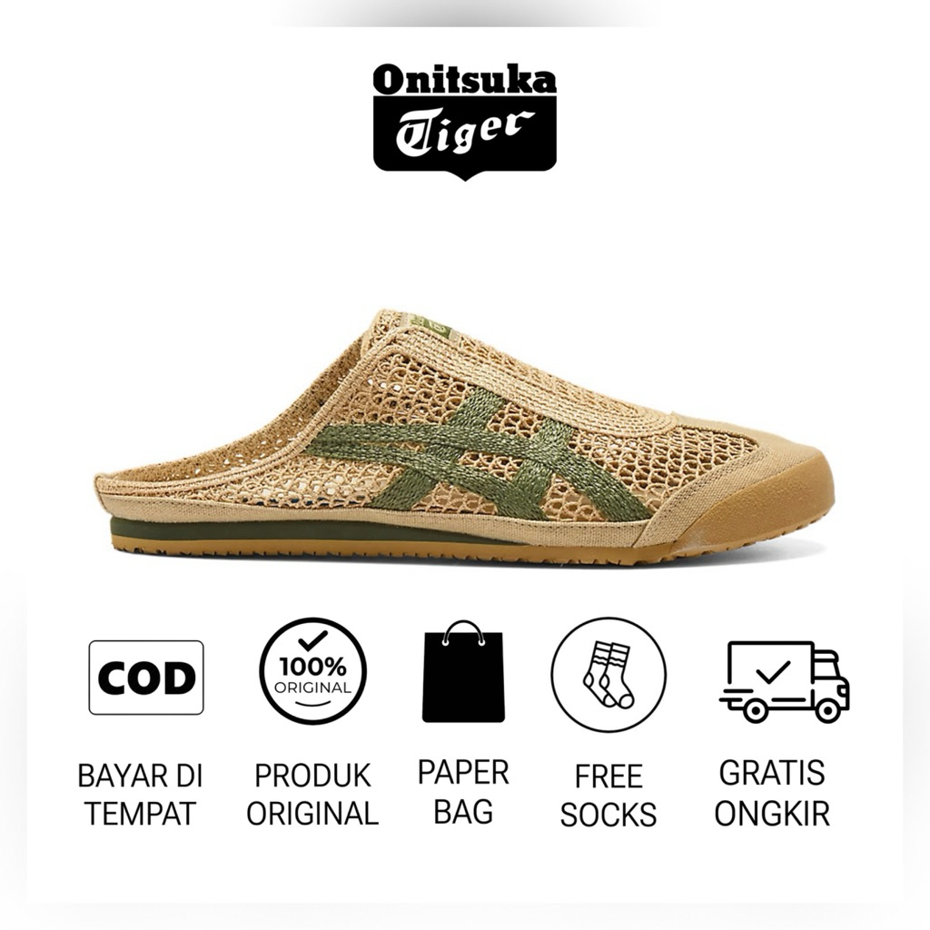 Sepatu Onitsuka Tiger Mexico 66 Sabot Beige Green Original / Sepatu Wanita / Sandal Wanita / Sneaker