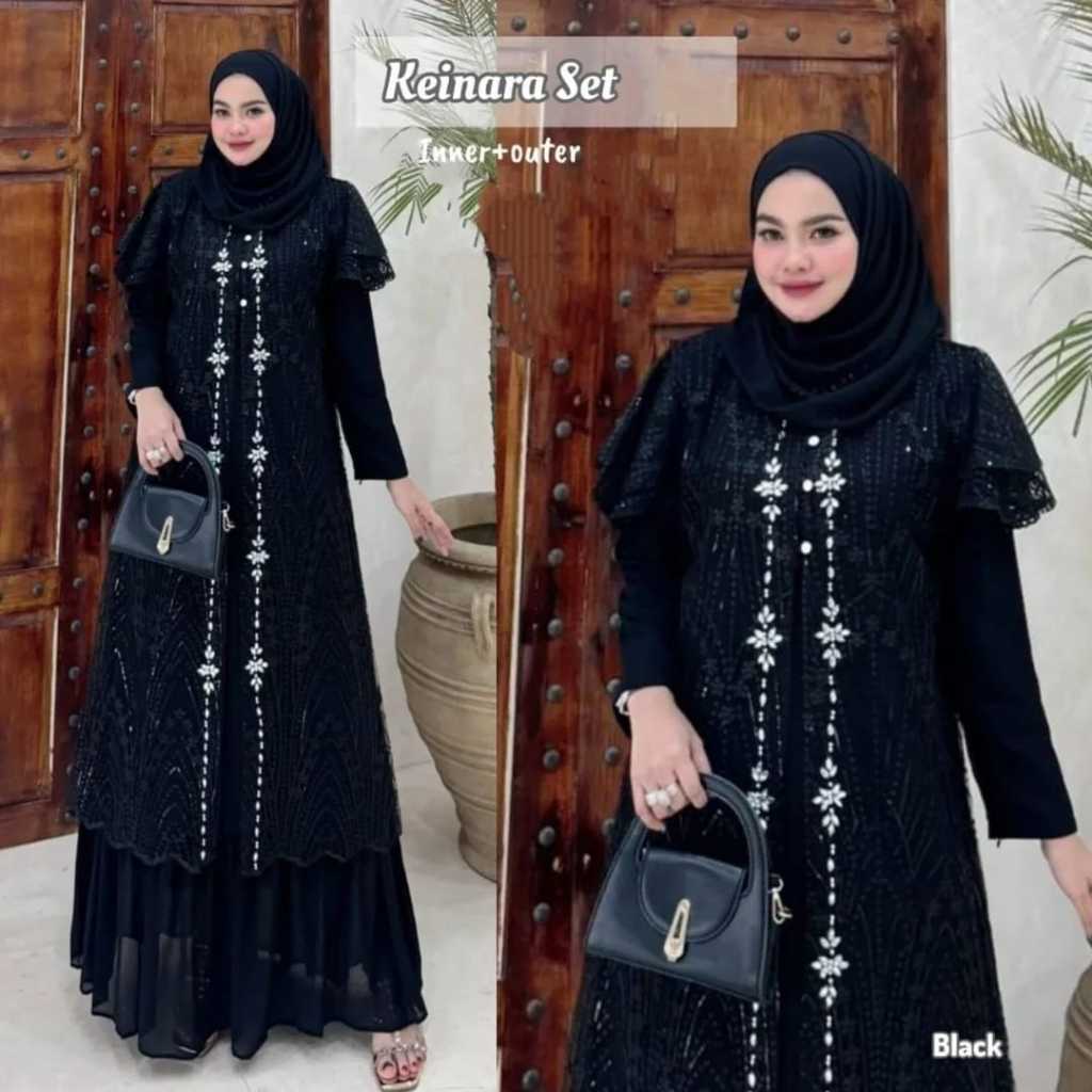 Keinara Dress Set Outer Brokat Payet Mutiara Gamis Pesta Ceruty Babydoll Warna Hitam Jumbo Terbaru