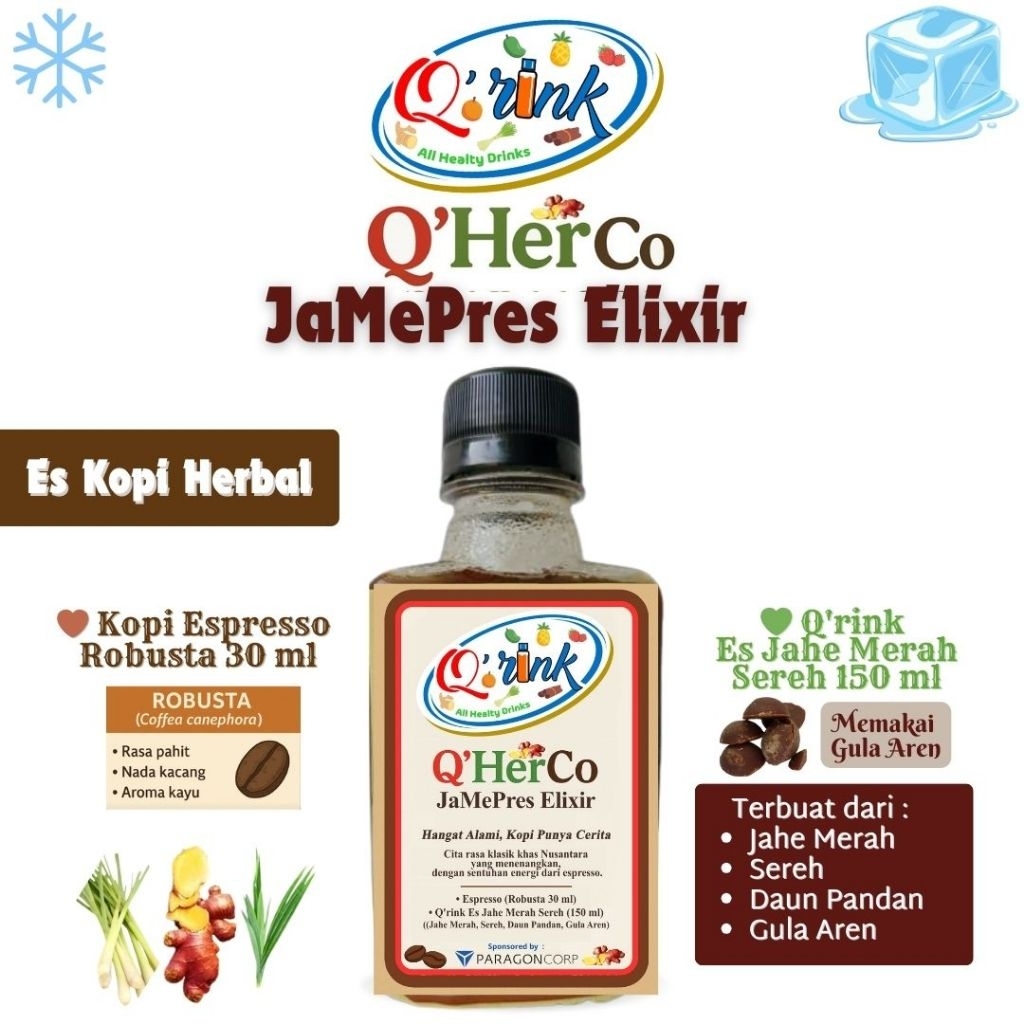 

Q’rink Espresso Robusta JaMePres Elixir Botol Leon 200ml – Kopi Herbal Sehat | Jahe Merah Gula Aren