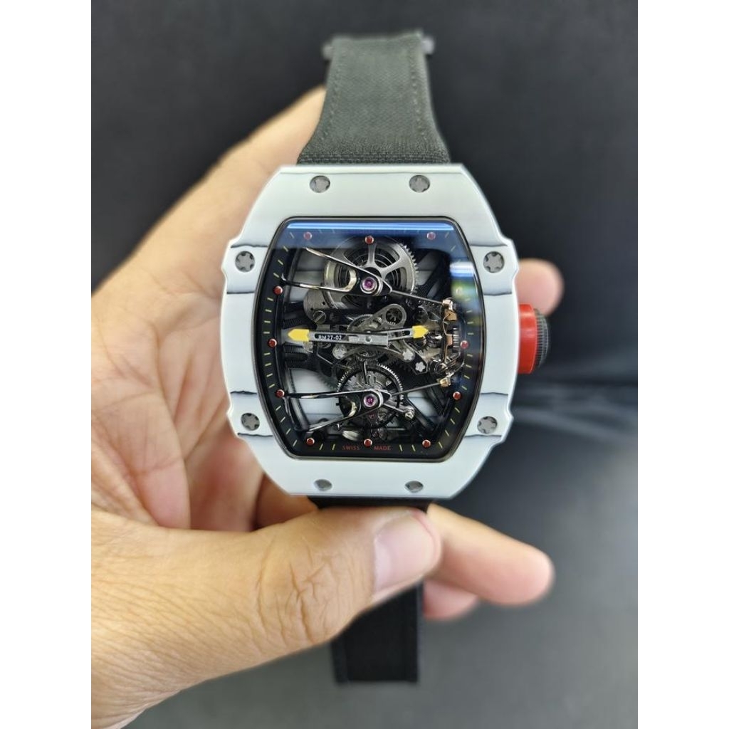 JAM TANGAN SPESIAL RM27-02 RAFAEL NADAL WHITE REAL NTPT CARBON CASE TURBILLON 43MM BLACK NYLON STRAP