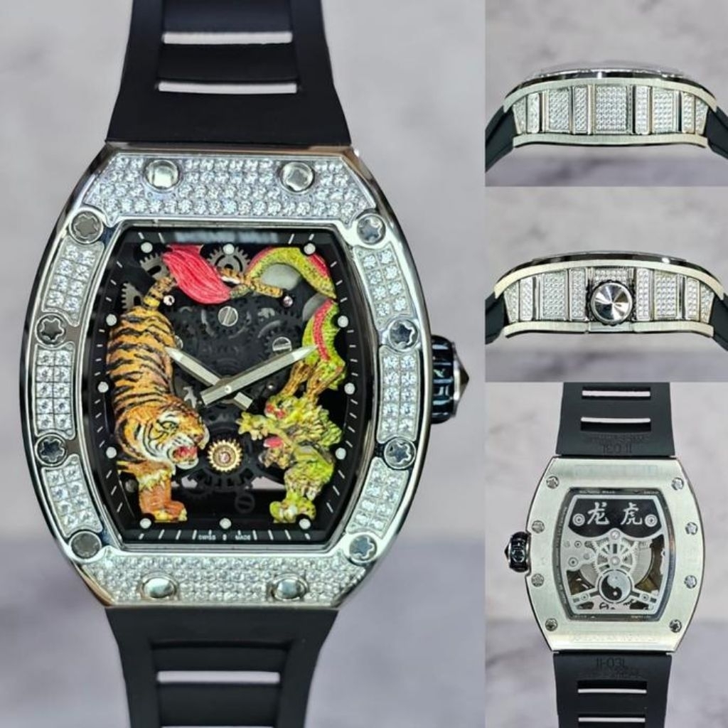 JAM TANGAN RM51-01 JACKIE CHAN TIGER DRAGON SILVER WITH DIAMOND CASE 44MM BLACK RUBBER STRAP