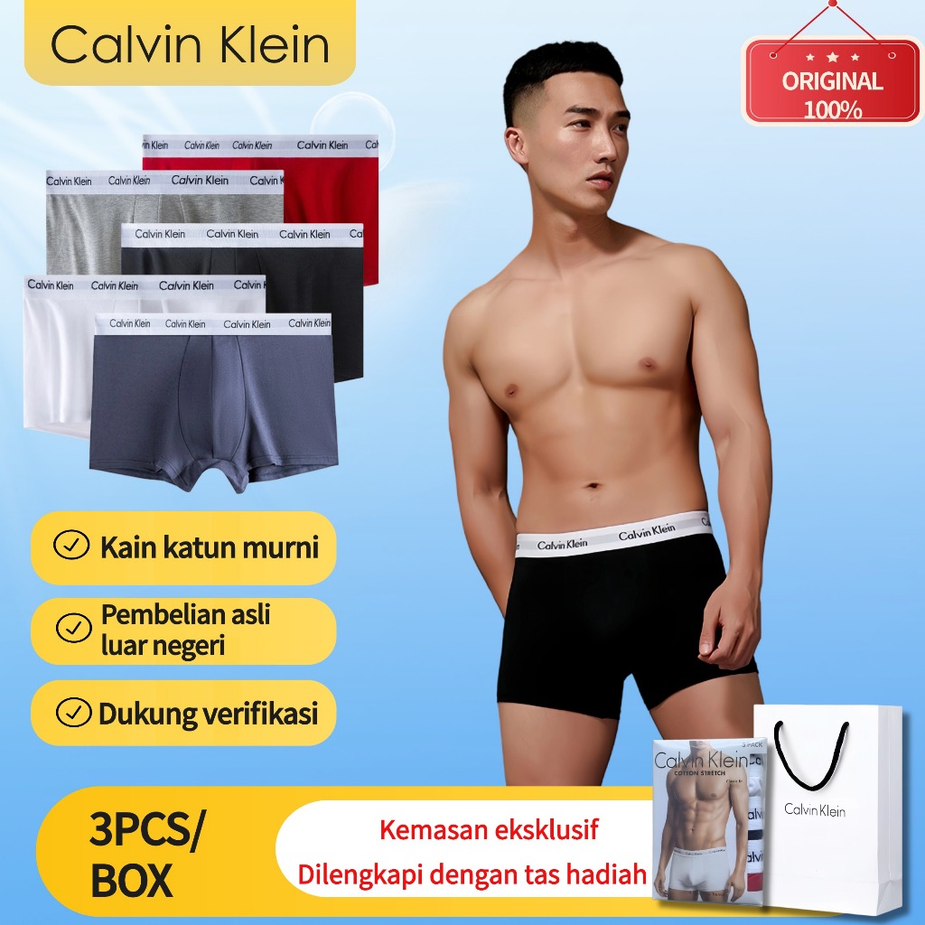 Calvin Klein Pria Celana Dalam Antibakteri Nyaman-Celana boxer pria asli berbahan katun mid-rise ck