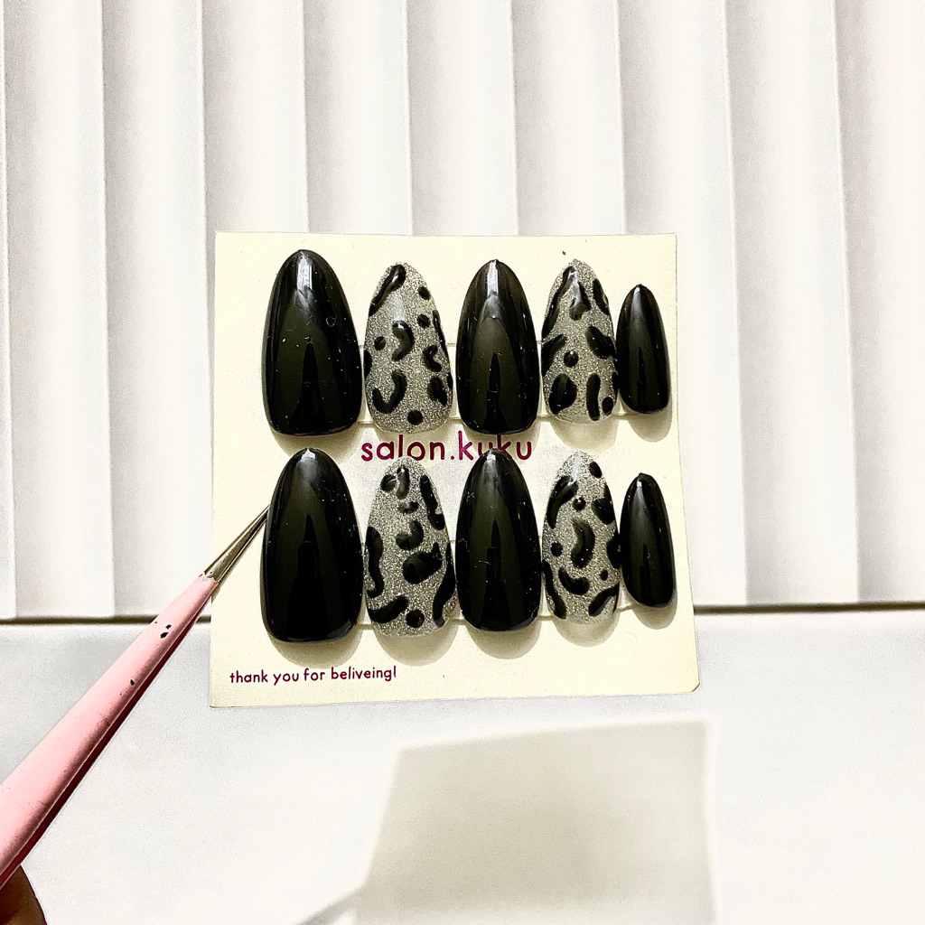 Press On Nails Leopard Hitam Silver | Kuku Palsu Motif leopard