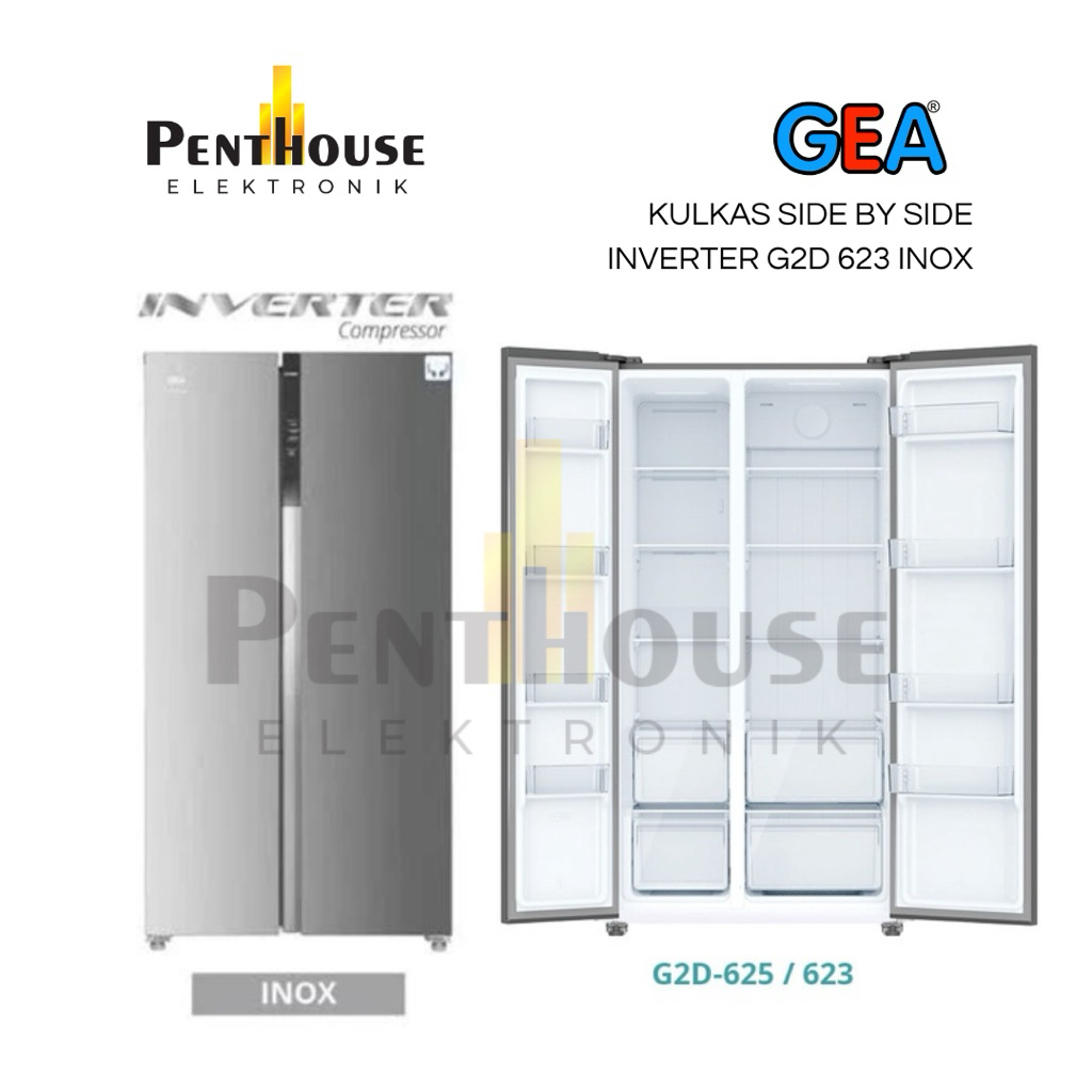 GEA Kulkas Side By Side 2 Pintu Inverter 623L G2D 623 INOX / G2D623 SILVER 623 LITER