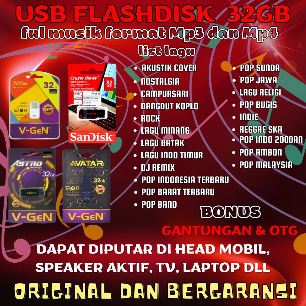 Flash disk Lagu MP3 Dan MP4 32GB Isi Lengkap Ribuan Lagu Pop Dangdut Rock Malaysia Religi Plug Play