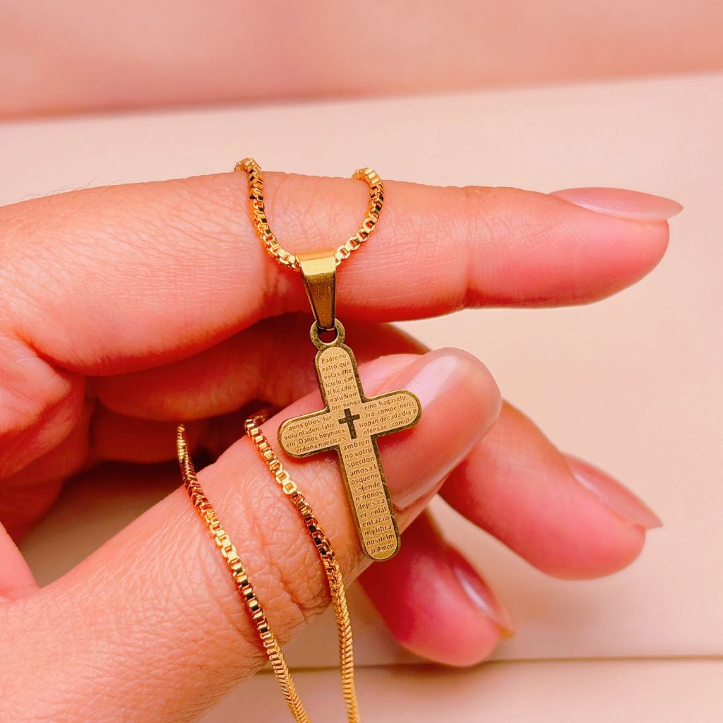 Aish Jewelry Kalung Rantai Italy Liontin Salib Titanium Asli lapis Emas Kalung Pria Dan Wanita Salib