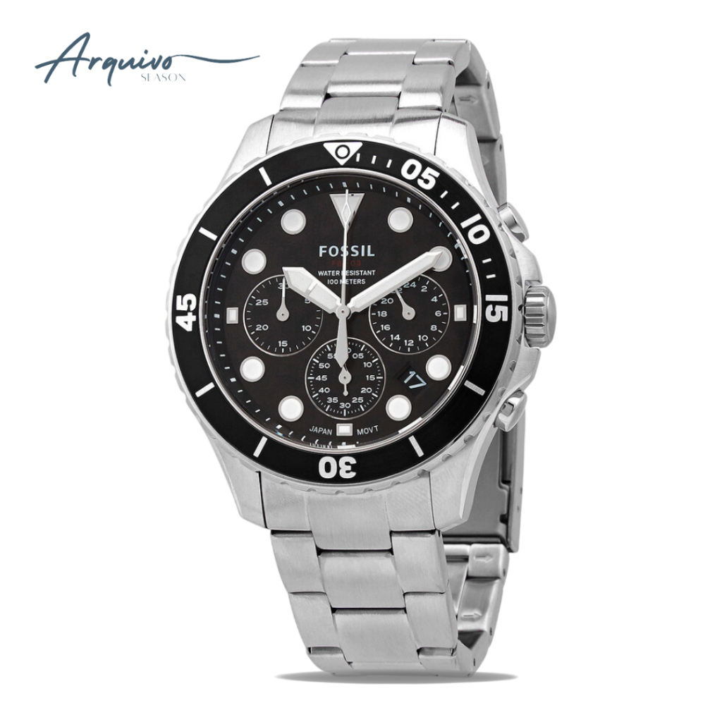 Jam Tangan Pria Fossil FB-03 Chronograph Men Black Dial Silver Stainless Steel Strap Sporty Mewah Or