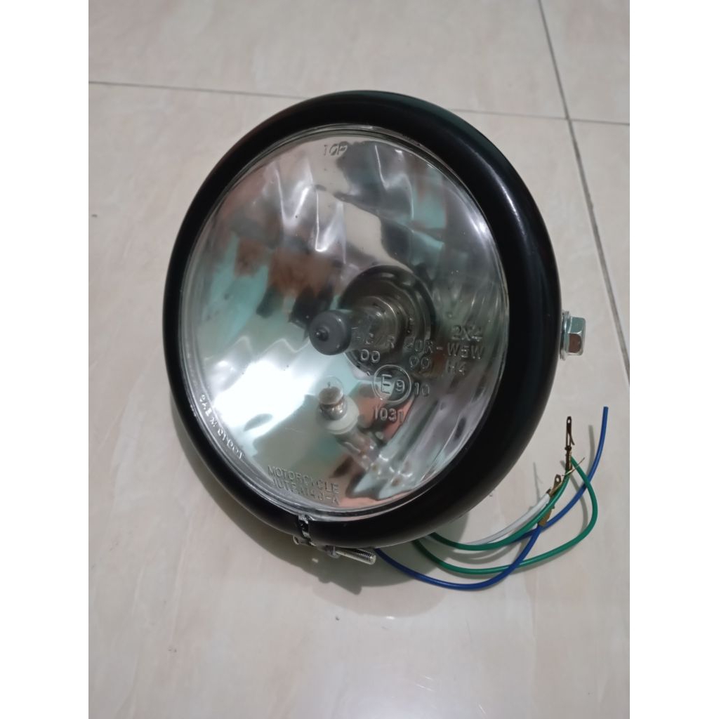 Lampu depan bulat model pesek motor CB, RX king  hitam bahan plat besi