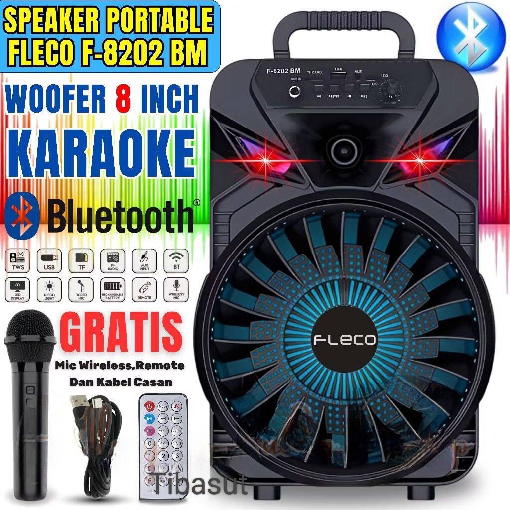 Speaker Aktif Bluetooth 8 Inch TWS + Mic Wireless Karaoke Fleco F-8202BM Speker Blutut Salon F 8202B