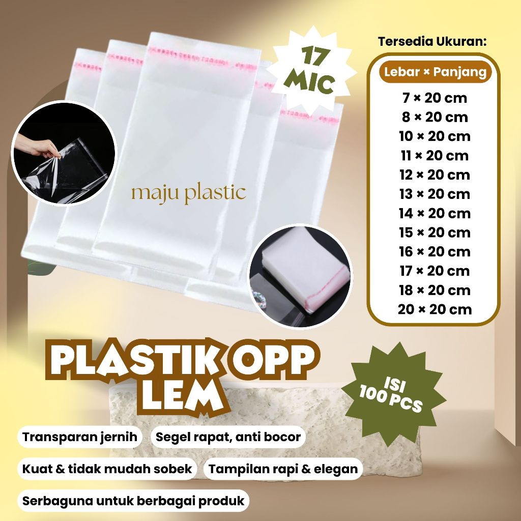(Bisa Mix Ukuran Isi 100 pcs) Plastik OPP Lem Bening/Transparan 7X20 8X20 10X20 11X20 12X20 13X20 14