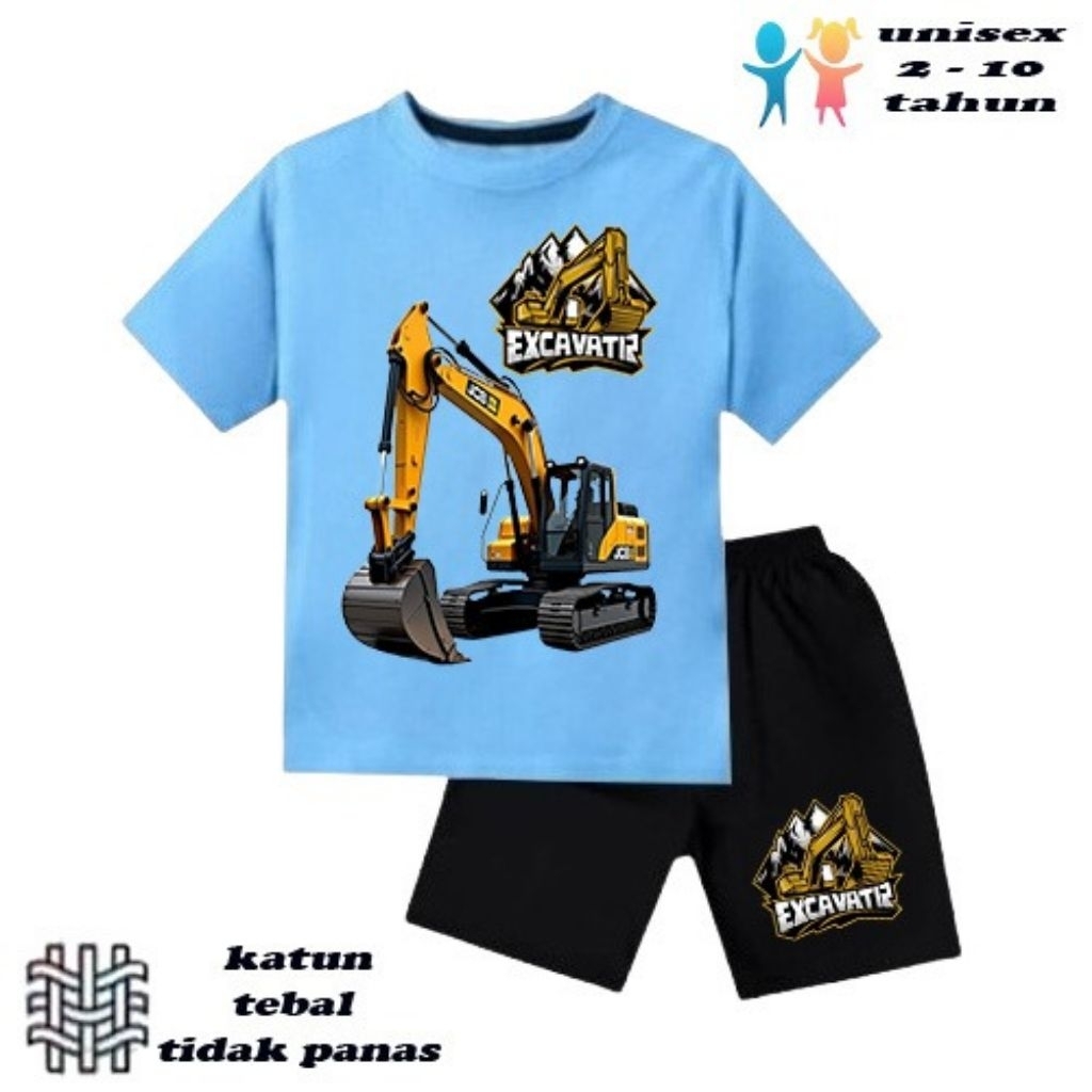 setelan baju anak laki-laki perempuan baju kaos anak laki-laki perempuan motif mobil traktor excavat