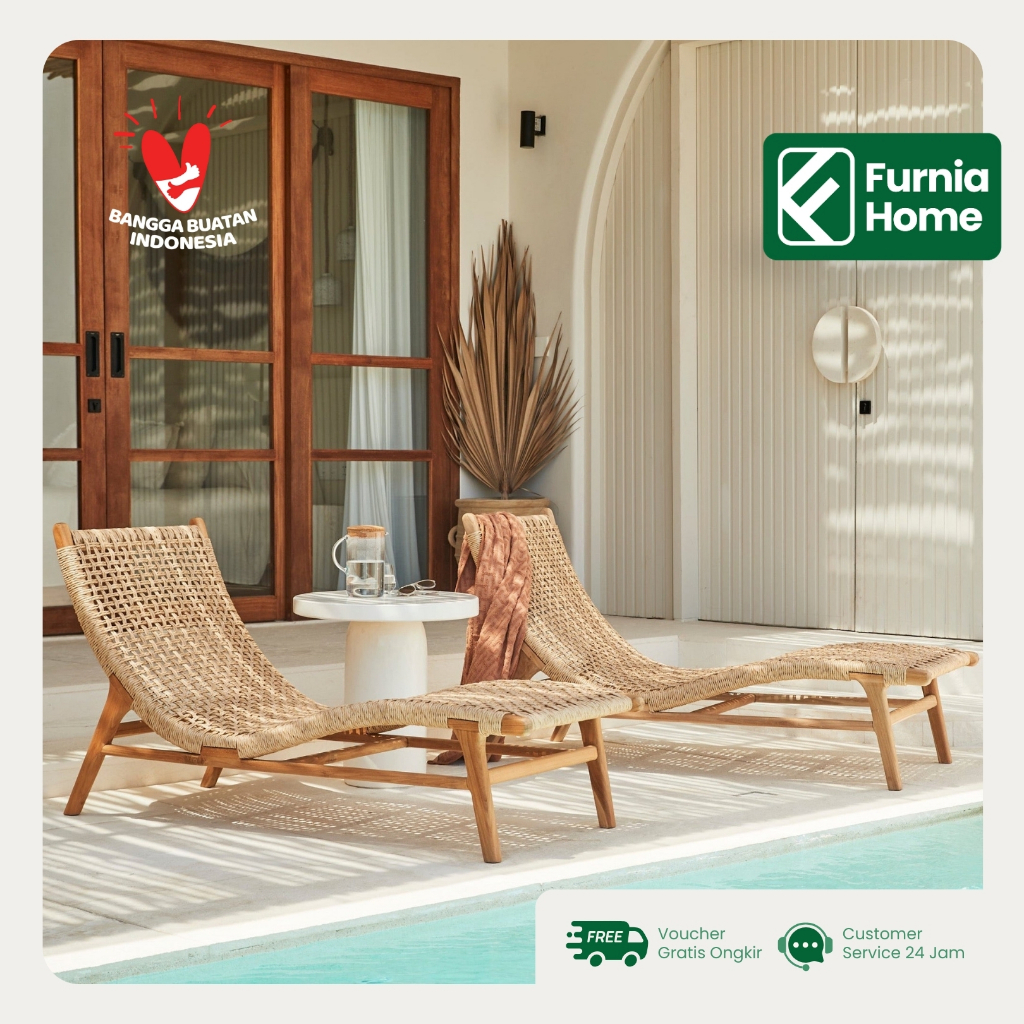 Sunbed Kolam Renang Minimalis Kayu Jati Outdoor/Kursi Santai Pantai Anyaman Tali Rotan Sintetis.