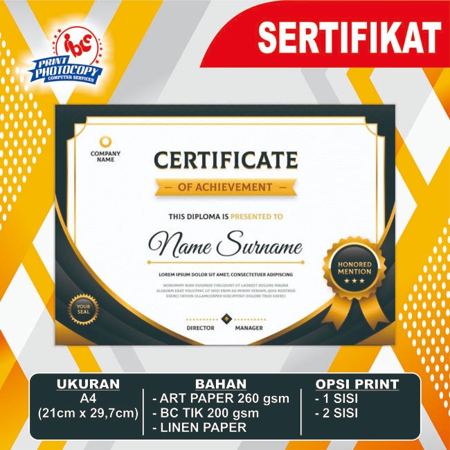 Cetak Sertifikat & Piagam / Sertifikat / Piagam
