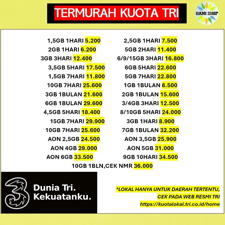 PASTI MURAH PAKET DATA TRI INTERNET TRI HAPPY MINI TRI AON TRI GETMORE 1GB 2GB 3GB 4GB 5GB 6GB 7GB