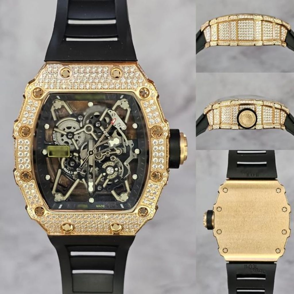 JAM TANGAN STYLE PRIA/RM35-01 RAFAEL NADAL DIAMOND CASE ROSEGOLD 44MM BLACK RUBBER STRAP V1