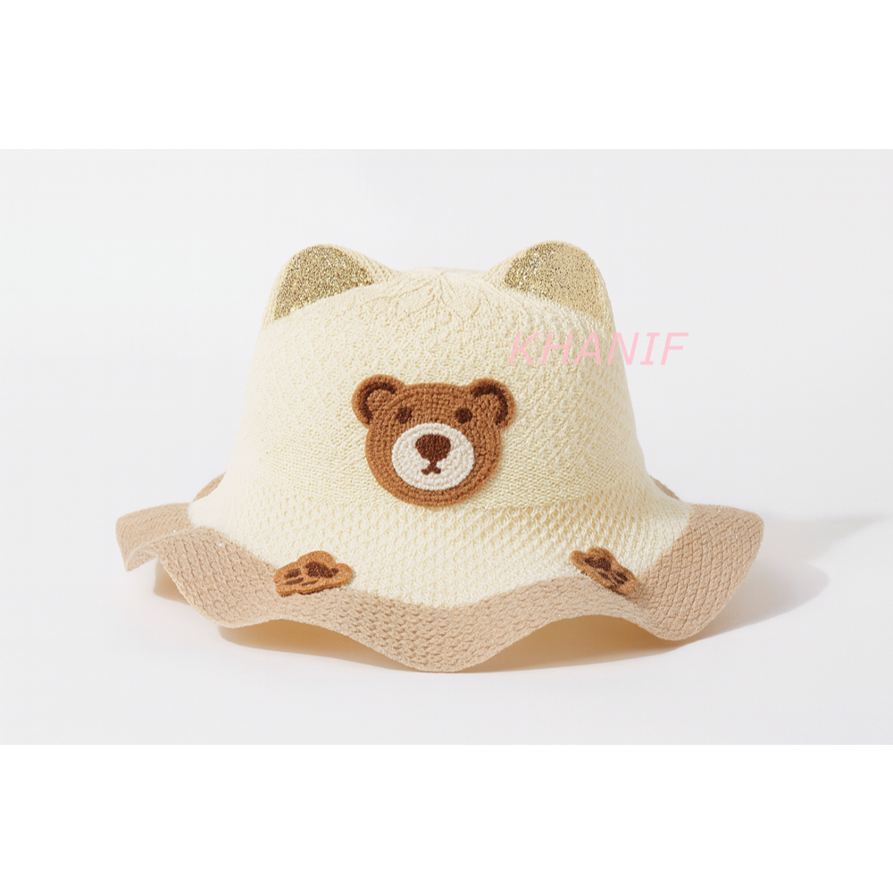 Topi Pantai Anak Perempuan Kekinian Motif Bear Pakai Tali Untuk 3 - 9 Tahun