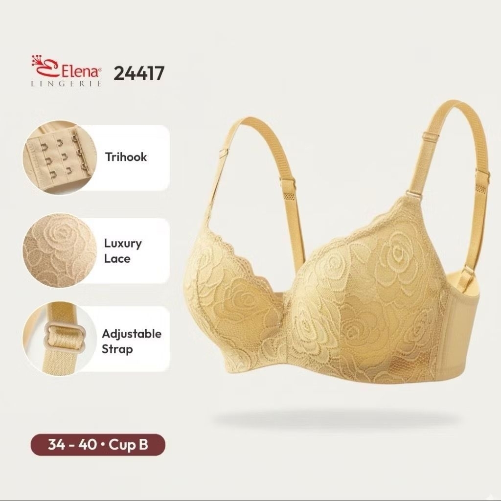 Elena Bra BH Medium Cup B 24417 - Size 34B-42B - Bra Cup B Kawat Kait 3 - Busa Tipis Berkawat Full C