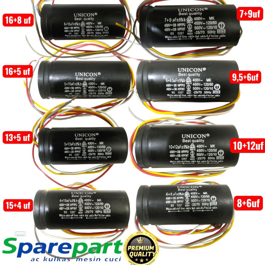 kapasitor mesin cuci 16+8 uf 16+5 uf 16+4 uf 13+5 uf 12+10 uf 9,5+6 uf 9+7 uf 8+6 uf kapasitor mesin