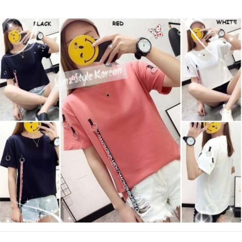 Kaos Atasan Baju Wanita Blouse Hitam Merah Putih Korea Import