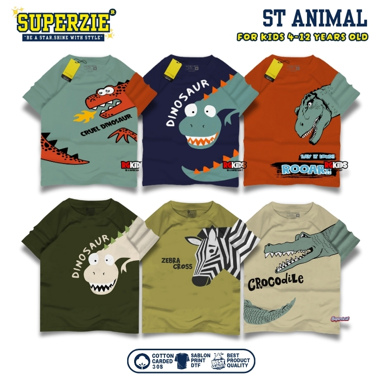 Superzie Kaos anak laki-laki tyrex dinosaurus katun adem 30s sablon plastisol umur 4-12 tahun