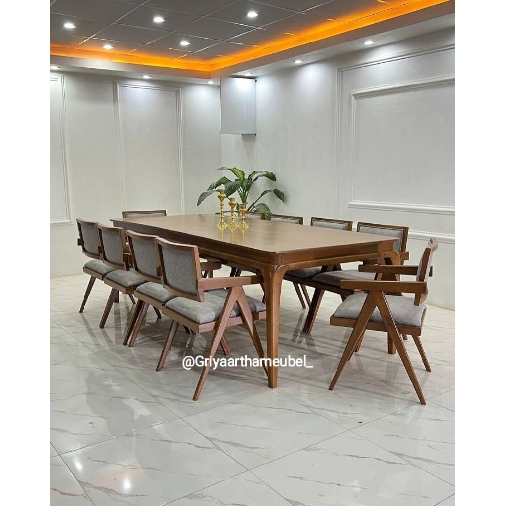 Meja makan mewah kayu jati set 10 kursi desain minimalis modern
