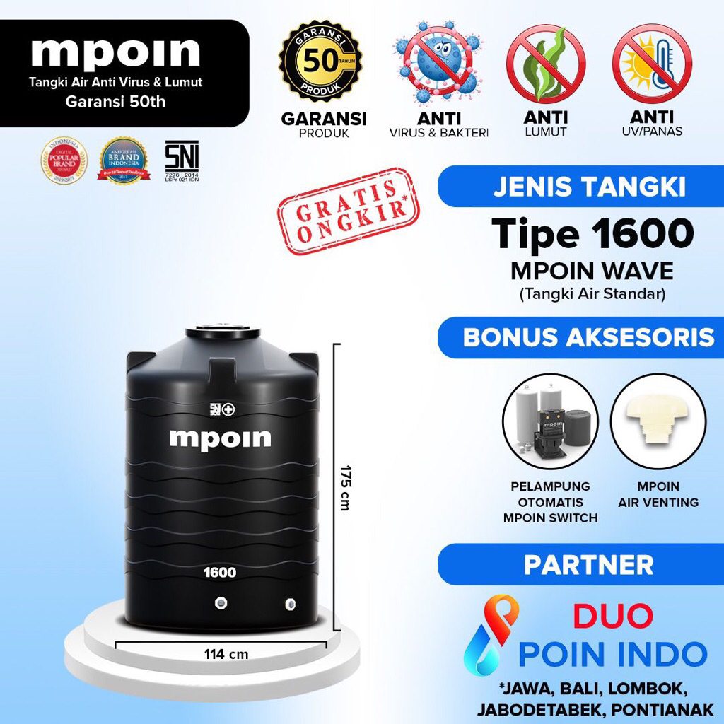 TANGKI TOREN TANDON AIR MPOIN PLUS 1600 L ANTI LUMUT GARANSI 50 THN