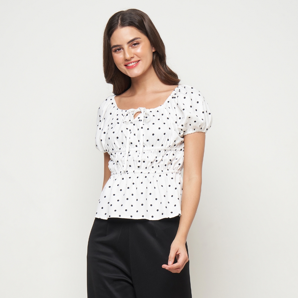 CALEA Tasya Blouse Wanita Polkadot Putih Hitam Atasan Wanita Lengan Pendek Puff Casual Korean Style 