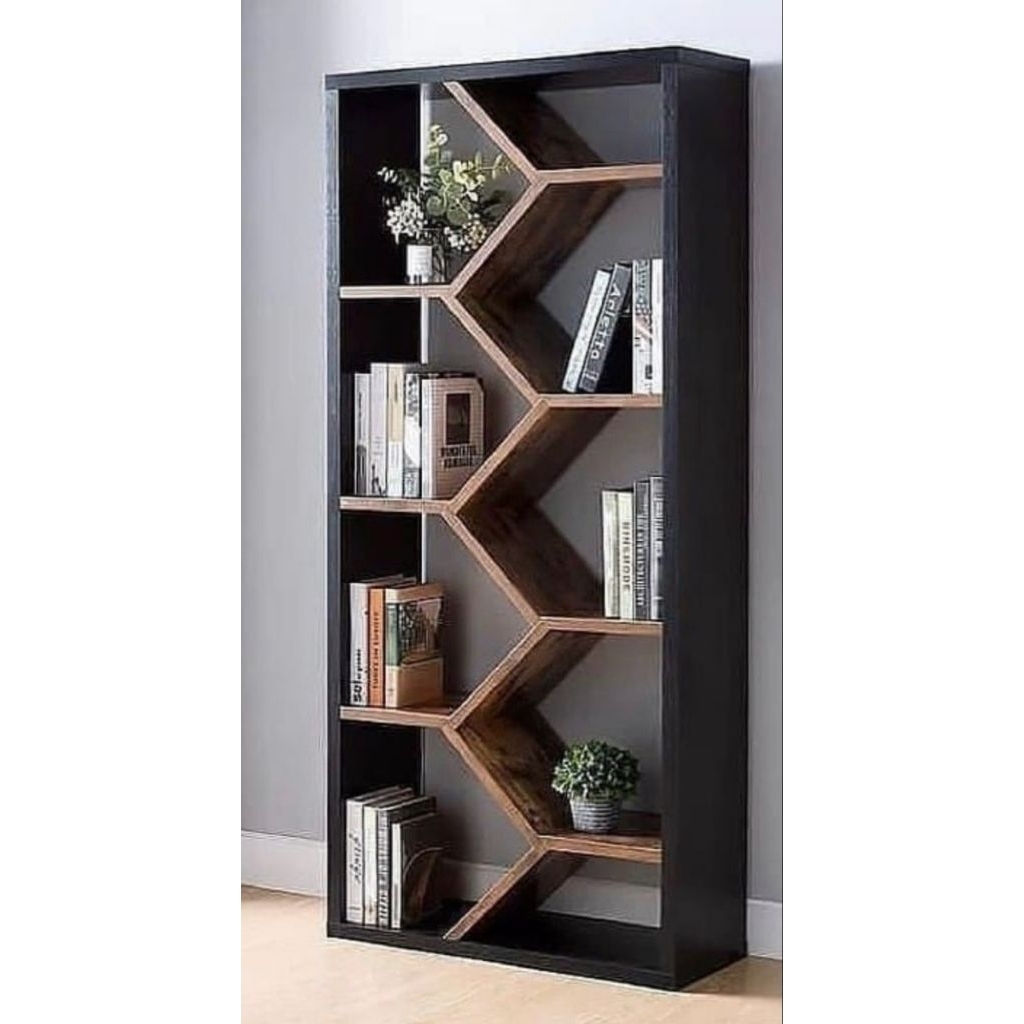 Rak Buku Kayu Jati Zigzag Modern – Rak Pajangan Buku & Hiasan Dinding