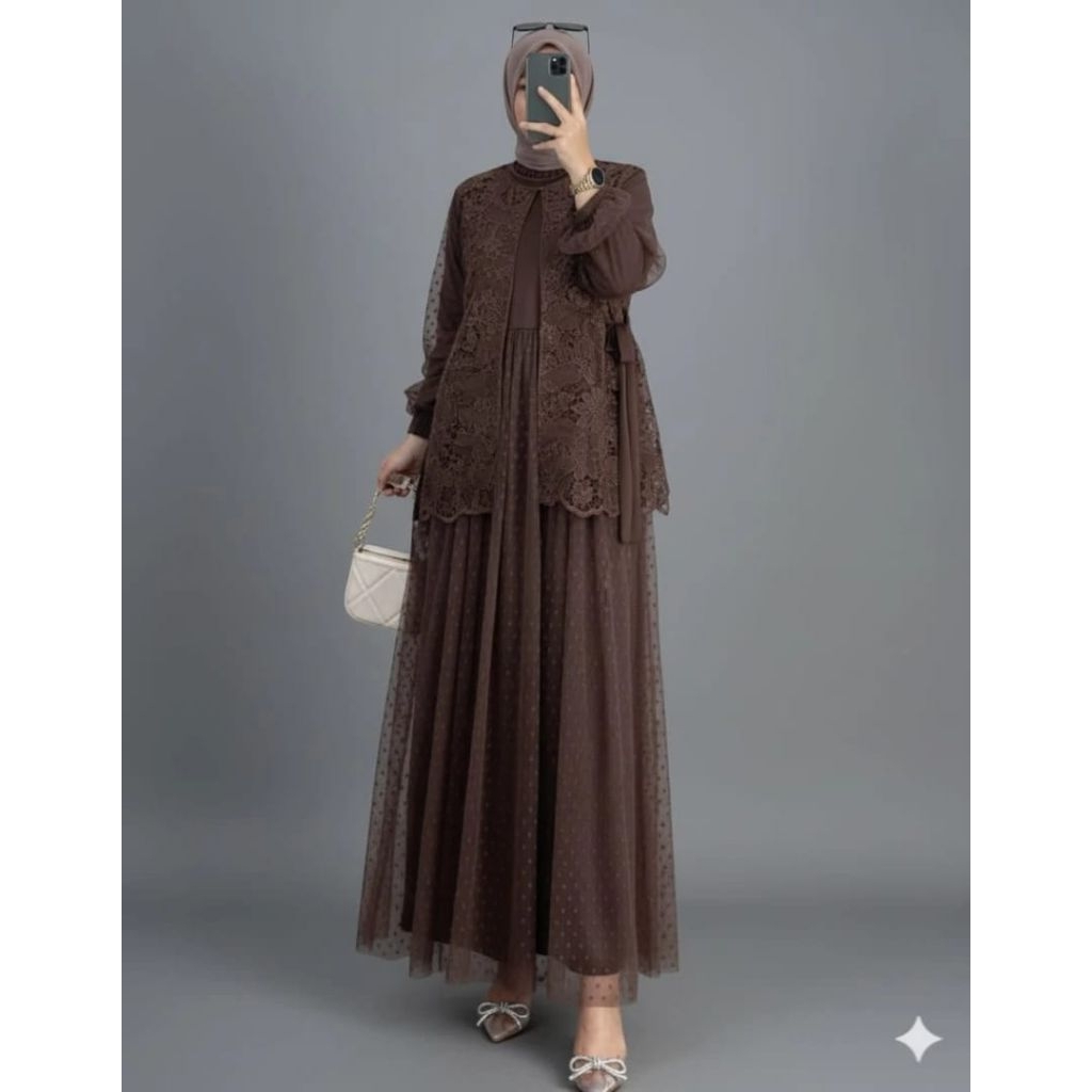 Gamis pesta inner outer mewah sakura bahan velvet mix tile dot dan brukat cantik