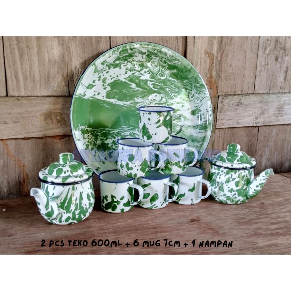 Cangkir Mug Teko Set Ekonomis 2 pcs Teko Cebol Lurik 6 pcs mug 7cm dan nampan blirik