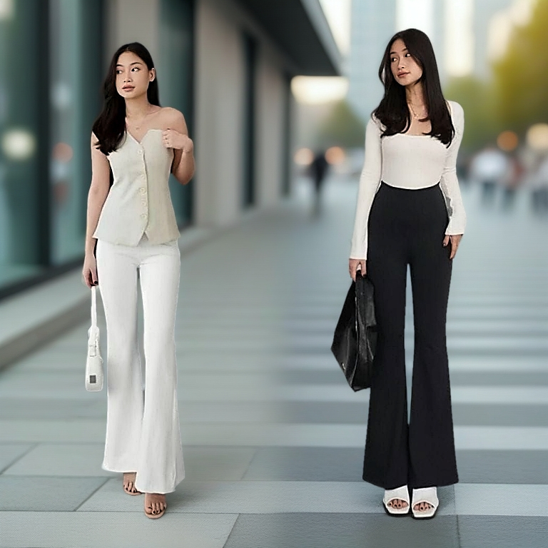 Celana Highwaist Cutbray Wanita Model Retro Korea Terbaru Cutbray Bahan Stretch Melar Elastis Hitam