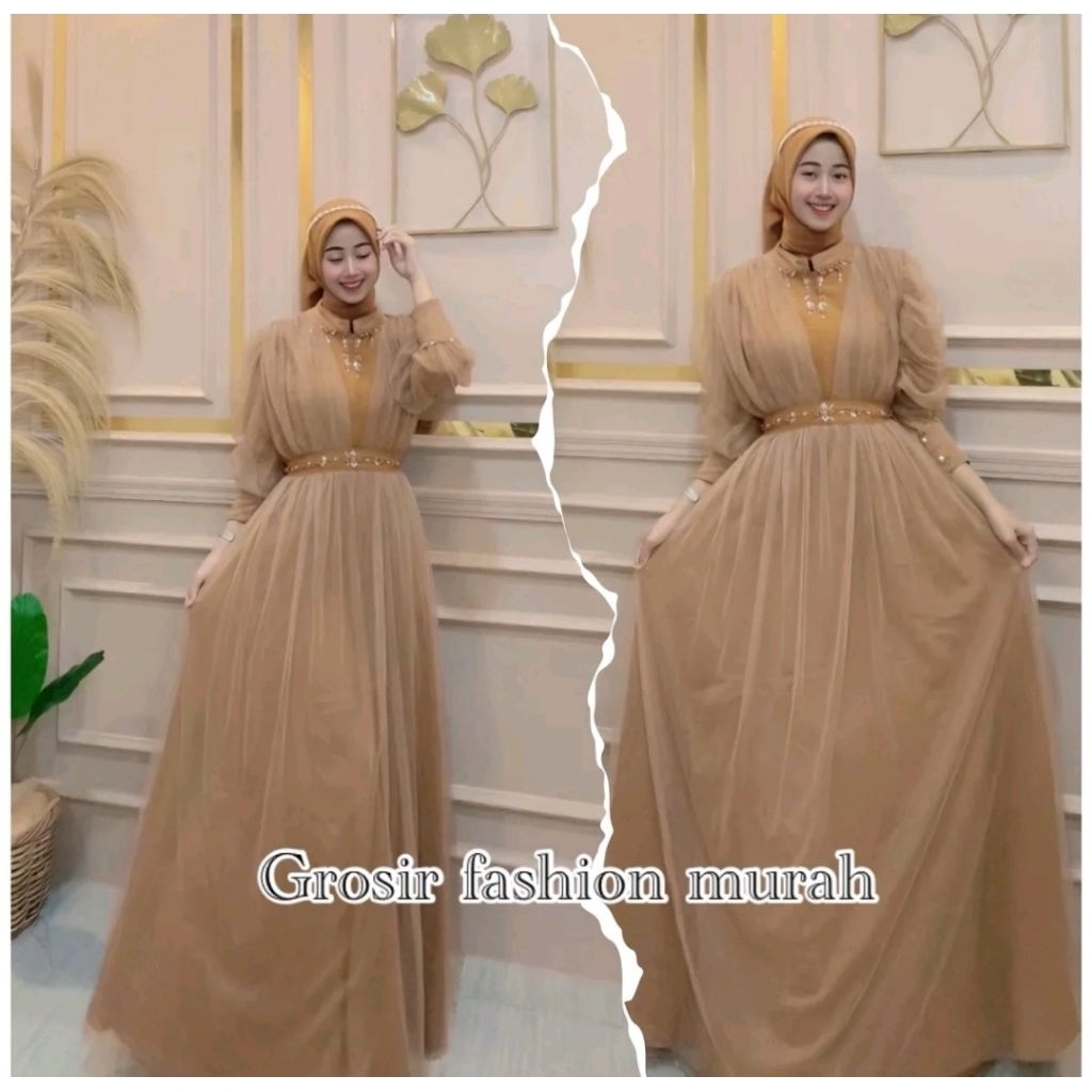 Gamis Pesta Kondangan Mewah Bahan Crinkle Di Mix Tile Mewah Azkya Dress LD 90 - LD 120