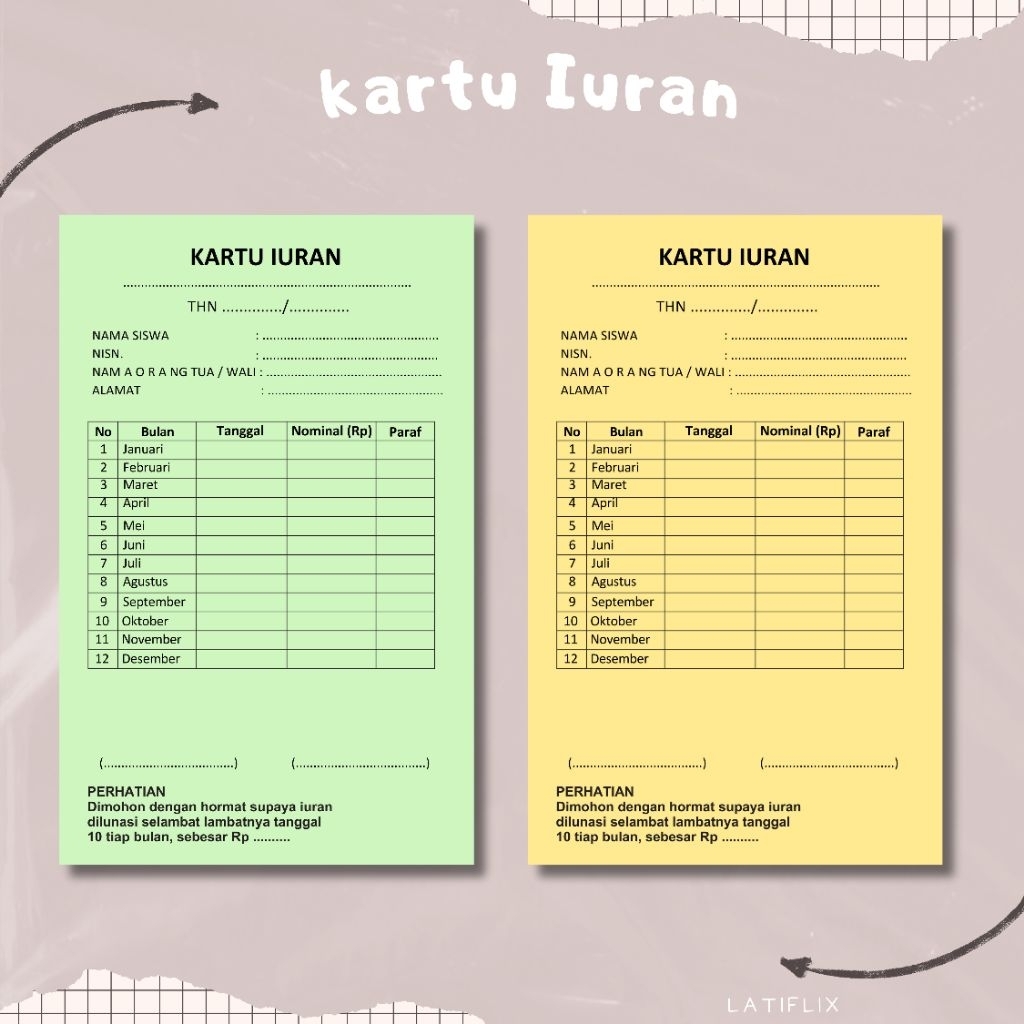 KARTU IURAN | kartu iuran custom free desain | kartu SPP | kartu iuran warga ukuran 1/4