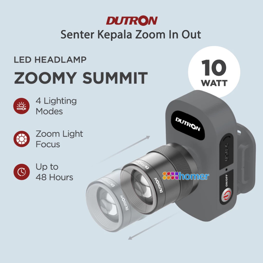 DUTRON Lampu Senter Kepala Terang Normal SOS Zoom In Out Headlamp LED Zoomy Summit 10Watt 10W 10 Wat