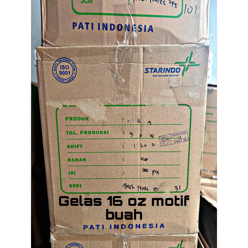 (1 DUS)  gelas plastik gelas oz gelas motif buah ukuran 14 dan 16 oz merek starindo 1 dus isi 1000 g