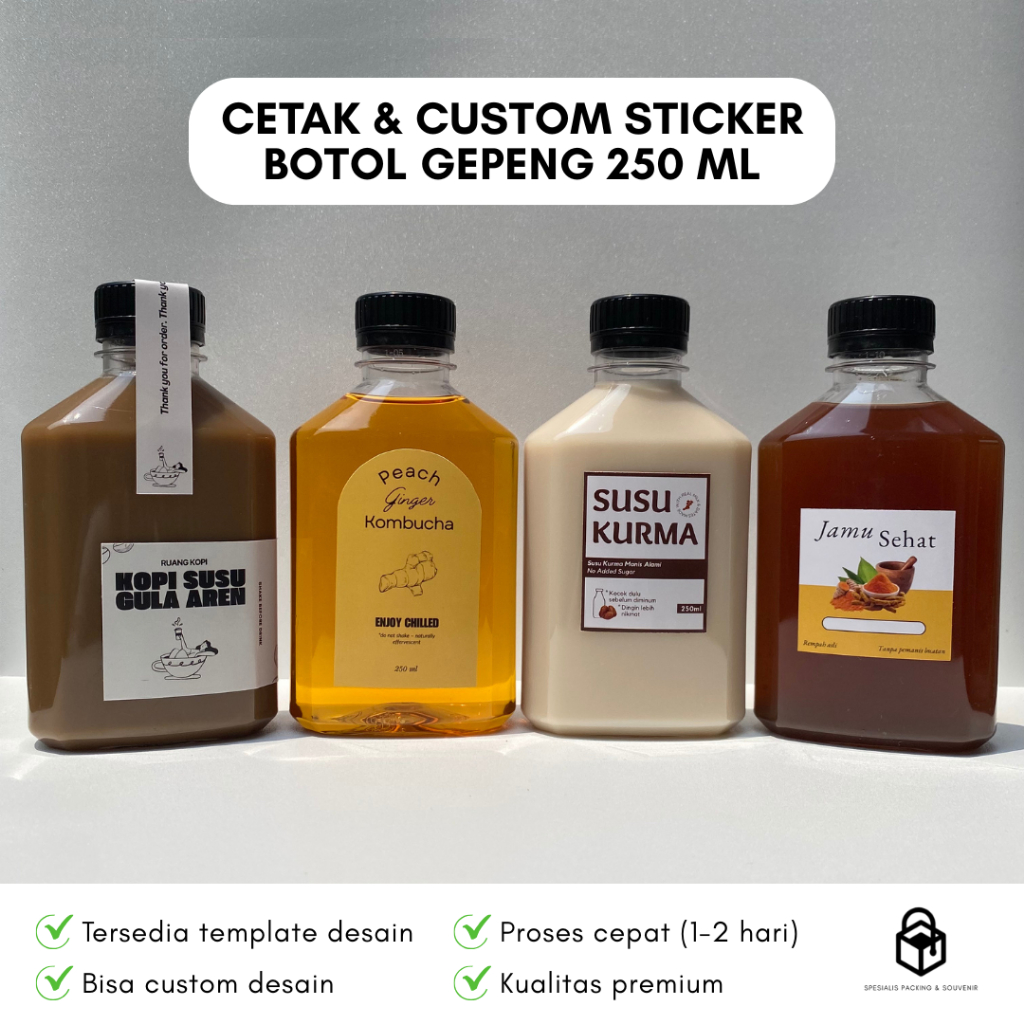 Cetak Custom Stiker Botol Gepeng 250 ml | Print Label Sticker Logo