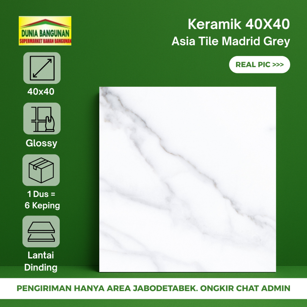 Kreamik 40x40 Lantai Carara Asia Tile Keramik Lantai Glossy Putih Corak Abu