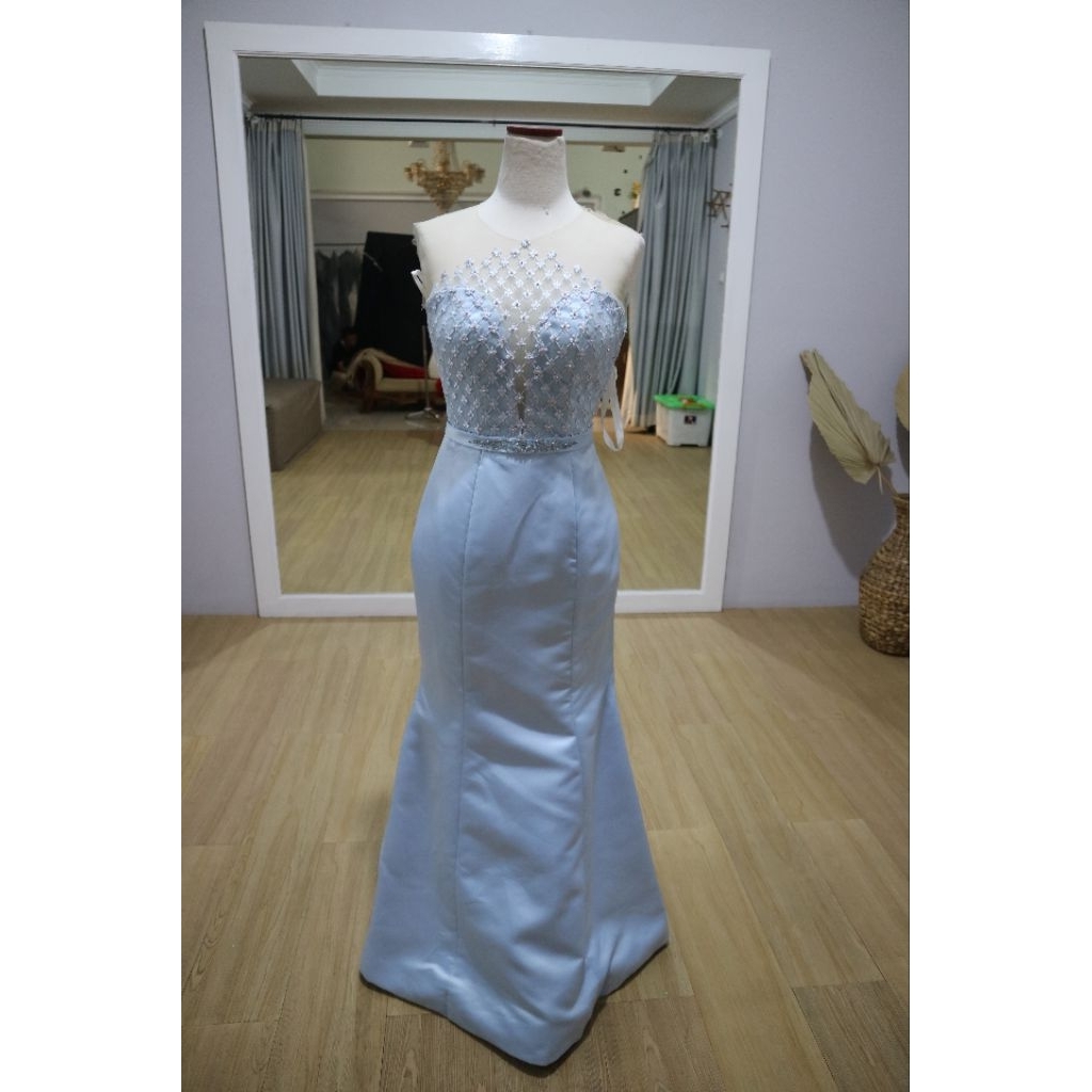 gaun pesta mermaid sexy ice blue / dusty blue preloved