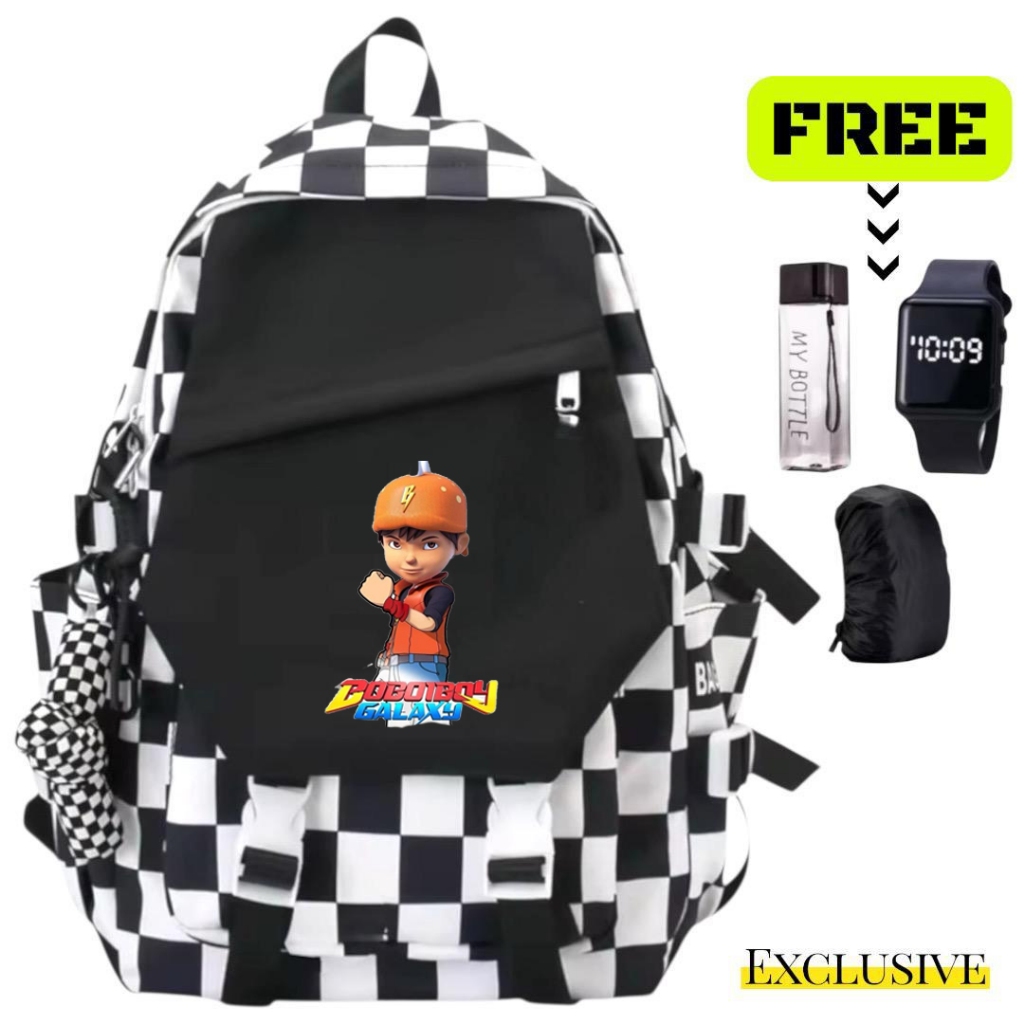 Tas Ransel Sekolah Anak Fashion Motif Krater BOBOIBOY RS 5012 Free Hadiah Jam Botlle Cover Anti air