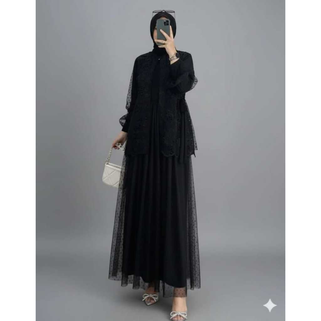 Veya Dress Bahan Velvet Mix Tille Dot & Brokat Gamis Syar'i Remaja Muslimah Model Terbaru 2026 Mewah