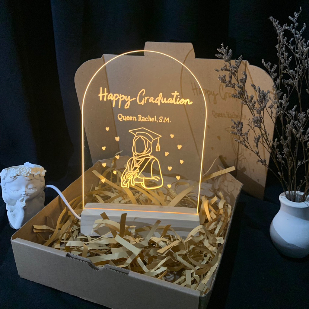 Akrilik Custom Sketsa Wajah Handwriting LED Hadiah Wisuda Ulangtahun Lamaran