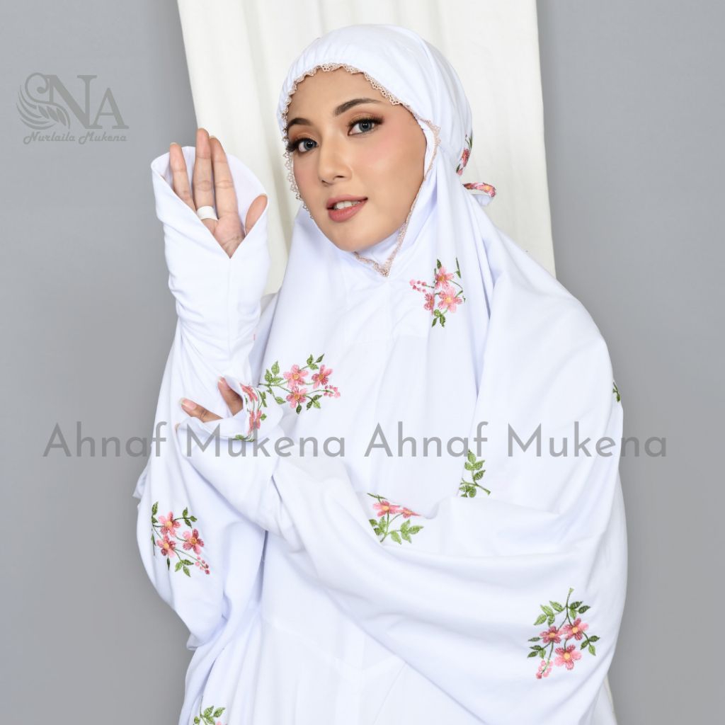 ahnaf-Mukena Terusan Dewasa Putih Bordir Warna Mukena Lajuran Putih