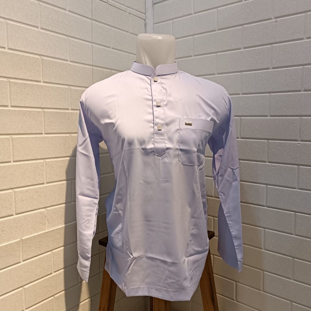 Baju Koko Busana Muslim Pria Al-Wafa/AWF Gold Warna Putih Polos Lengan Panjang Cuff