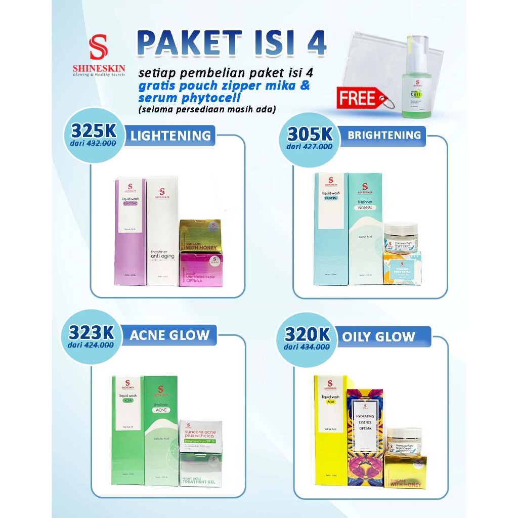 Paket isi 4 shineskin (lightening, brightening, acne glow, oily glow)