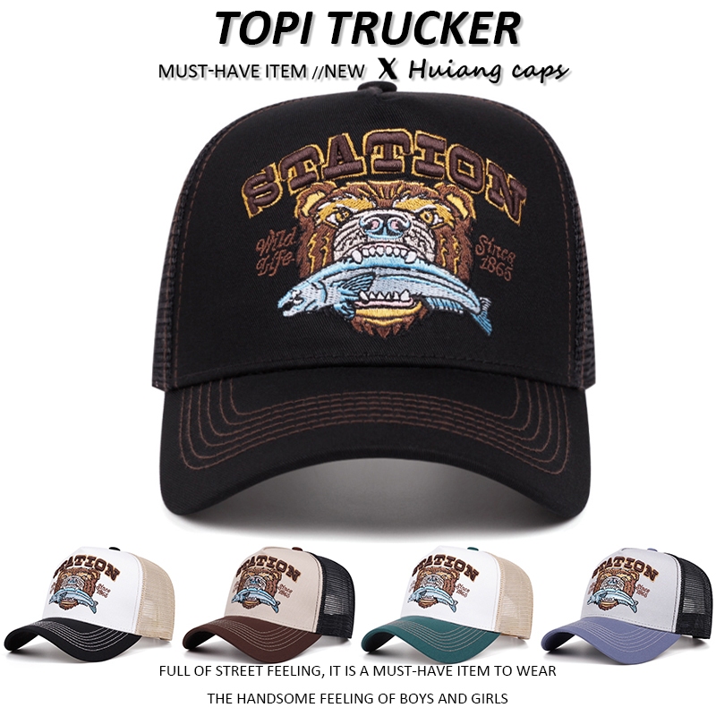 Topi trucker STATION Bears eat fish fashion distro topi baseball outdoor sport topi vintage golf cap
